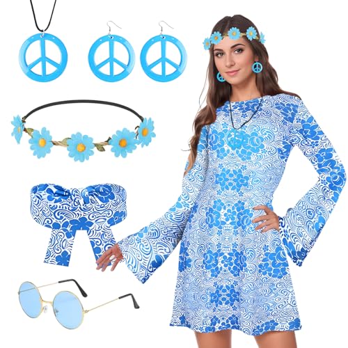 Blisscok Hippie Kostüm Damen Hippie Accessoires 60er 70er Jahre Outfit Damen Bekleidung Hippie Kleid Mode 60er 70er Jahre kleid Disco Outfit Damen 70er Mode Damen für Karneval Party (Blaue, L) von Blisscok