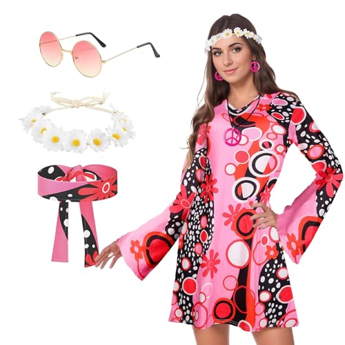 Blisscok Hippie Kostüm Damen Hippie Accessoires 60er 70er Jahre Outfit Damen Bekleidung Hippie Kleid Mode 60er 70er Jahre kleid Disco Outfit Damen 70er Mode Damen für Karneval Party (Buntes Rosa, XL) von Blisscok