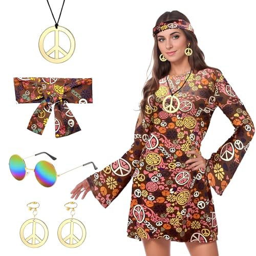 Blisscok Hippie Kostüm Damen Hippie Accessoires 60er 70er Jahre Outfit Damen Bekleidung Hippie Kleid Mode 60er 70er Jahre kleid Disco Outfit Damen 70er Mode Damen für Karneval Party (Khaki, L) von Blisscok