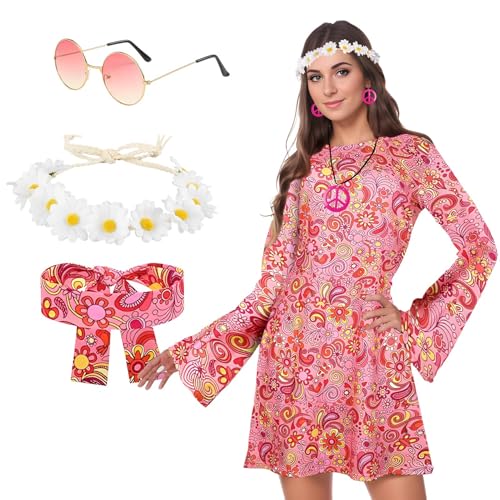 Blisscok Hippie Kostüm Damen Hippie Accessoires 60er 70er Jahre Outfit Damen Bekleidung Hippie Kleid Mode 60er 70er Jahre kleid Disco Outfit Damen 70er Mode Damen für Karneval Party (Rosa, L) von Blisscok