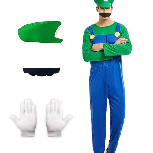 Blisscok Mario Kostüm Herren Luigi Kostüm Set,4 Pcs Mario und Luigi Kostüm Erwachsene Herren Kinder mit Hut Handschuhe Bart für Karneval Halloween Kostüm Faschingskostüme Männer (Grün, L) von Blisscok