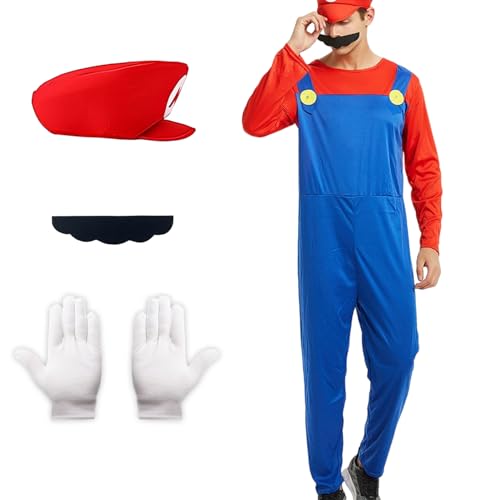 Blisscok Mario Kostüm Herren Luigi Kostüm Set,4 Pcs Mario und Luigi Kostüm Erwachsene Herren Kinder mit Hut Handschuhe Bart für Karneval Halloween Kostüm Faschingskostüme Männer (Rot, S) von Blisscok