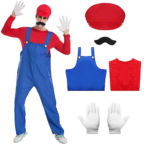 Blisscok Mario Kostüm Luigi Kostüm Set,5 Pcs Mario und Luigi Kostüm Erwachsene Herren mit Hose T-Shirt Hut Handschuhe Bart für Karneval Halloween Kostüm Faschingskostüme Männer (Rot(5 Stück), M) von Blisscok