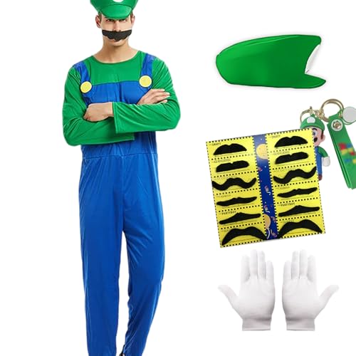 Blisscok Mario-Kostüm für Erwachsene, 5er-Pack, Mario-Kostüm-Zubehör-Set mit Bodysuit, Mario-Hut, Schnurrbärte, Handschuhe, Mario-Schlüsselanhänger, Luigi-Kostüm, Halloween-Kostüm für Männer und von Blisscok