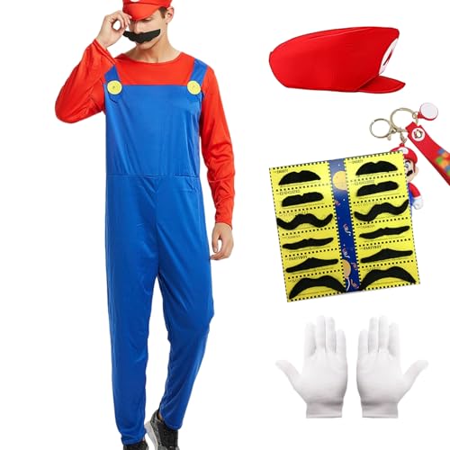 Blisscok Mario-Kostüm für Erwachsene, 5er-Pack, Mario-Kostüm-Zubehör-Set mit Bodysuit, Mario-Hut, Schnurrbärte, Handschuhe, Mario-Schlüsselanhänger, Luigi-Kostüm, Halloween-Kostüm für Männer und von Blisscok