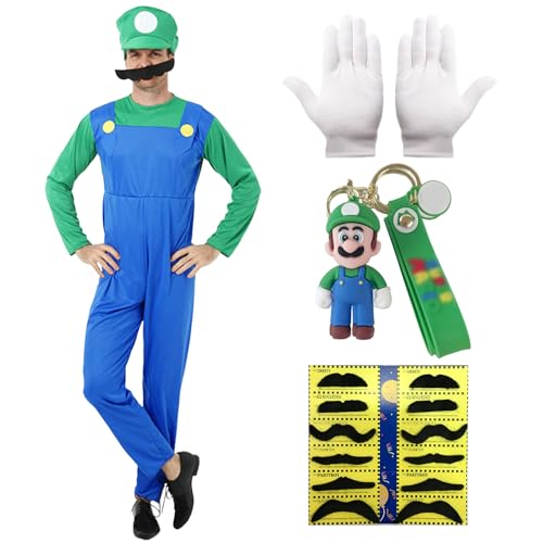 Blisscok Mario Kostüm für Erwachsene, Super Plumber Bros, Mario-Bros-Kostüm mit Mütze, 12 Bart, 2 Handschuhe, 1 Schlüsselanhänger, Halloween-Party, Karnevalsparty, Cosplay-Kostüm (Grün, L) von Blisscok