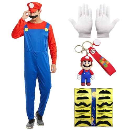 Blisscok Mario Kostüm für Erwachsene, Super Plumber Bros, Mario-Bros-Kostüm mit Mütze, 12 Bart, 2 Handschuhe, 1 Schlüsselanhänger, Halloween-Party, Karnevalsparty, Cosplay-Kostüm (Rot, L) von Blisscok