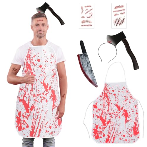 Blisscok Metzger-Kostüm, Metzger-Kostüm, Metzger-Kostüm, Herren, Halloween-Kostüm, Erwachsene, blutige Schürze, Halloween, Axtmesser, Stirnband, Halloween-Aufkleber für Halloween-Motto-Party (Butcher von Blisscok