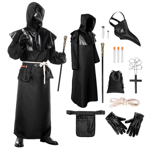 Blisscok Pestarzt-Kostüm für Erwachsene, Pestarzt-Outfit, mittelalterliches Steampunk-Kostüm, 14-teiliges Set mit Pestärztmaske, Pestarzt, Halloween-Kostüme für Damen und Herren, schwarze Maske, Größe von Blisscok