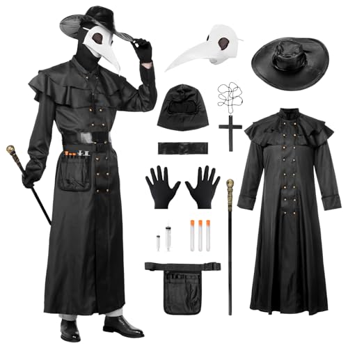 Blisscok Pestarzt-Kostüm für Erwachsene, Pestarzt-Outfit, mittelalterliches Steampunk-Kostüm, 14-teiliges Set mit Pestärztmaske, Pestarzt, Halloween-Kostüme für Damen und Herren, weiße Maske, Größe M von Blisscok