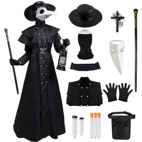 Blisscok Pestarzt-Kostüm für Erwachsene, Pestarzt-Outfit, mittelalterliches Steampunk-Kostüm, 14-teiliges Set mit Pestärztmaske, Pestarzt, Halloween-Kostüme für Damen und Herren, weiße Maske, Größe L von Blisscok