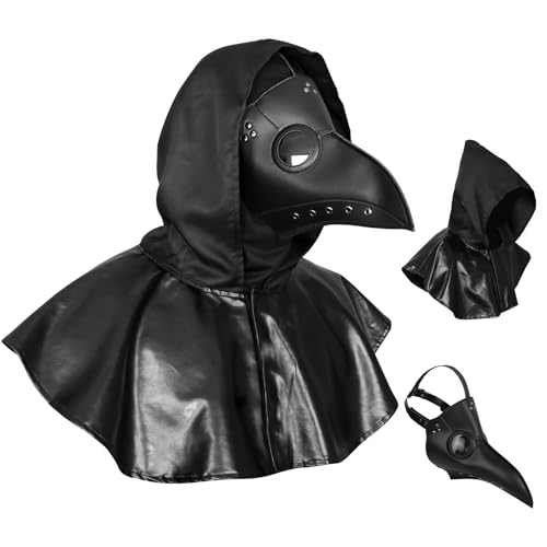 Blisscok Halloween Pestdoktor Maske,Pestmaske mit Schwarz Kapuzenumhang,Mittelalter Steampunk Pestdoktor Kostüm Helloween Kostüm Zubehör Plague Doctor Mask für Halloween Karneval von Blisscok