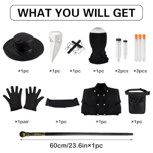 Blisscok Pestdoktor Kostüm,Plague Doctor Costume 14 Teiliger Set Halloween Mittelalter Steampunk Cosplay Pest Doktor Kostüm Herren mit Pestdoktor Maske Halloween Kostüm Damen Herren (L) von Blisscok