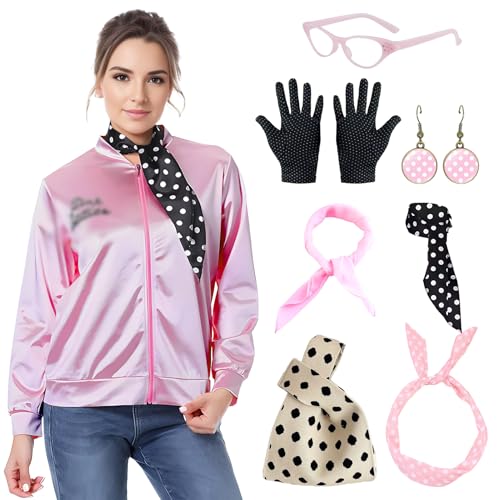 Blisscok Pinke Jacke für Damen, Verkleidung für Erwachsene, Fettrosa, Damenjacke, Kostüm, 8-teiliges Set, rosa Outfit, 1950er-Jahre, Zubehör, rosa Brille, rosa Ohrringe für Teenager-Mädchen, Frauen von Blisscok