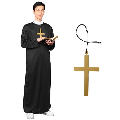 Blisscok Priester-Kostüm, mittelalterliche Tunika für Herren, Priesterkleid, München Vikar mit Kruzifix, Halloween-Kostüm, Faschingskostüm für Herren (Schwarz, S) von Blisscok