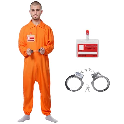 Blisscok Prisoner Sträflingskostüm Orange Unisex für Erwachsene Gefängnismann Gefängnismann für Halloween, das COS Kostüm-Set für Halloween enthält Uniform, Handschellen, Informationsblatt von Blisscok