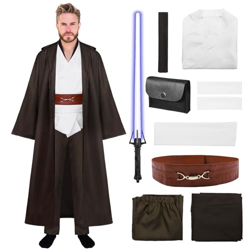 Blisscok Jedi Kostüm Halloween Cosplay Kostüm mit Blau Lightsaber Tunika Kapuzenmantel Outfit Umhang mit Kapuze Mittelalterlich Hoodies Braun Robe Karneval Halloween Kostüm Herren (L) von Blisscok