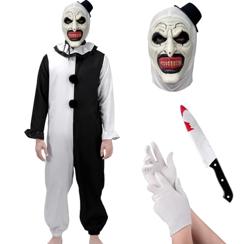 Blisscok Terrifier Kostüm Art the Clown Kostüm Halloween Kostüm Cosplay Erwachsene Horror Killer Clown Kostüm Overall mit Terrifier Maske Handschuhe Messer Halsumfang für Halloween Karneval (S) von Blisscok