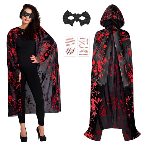 Blisscok Umhang Halloween Verkleidung, Umhang mit Kapuze mit Masken und Aufklebern für Erwachsene Kinder, Cosplay Kostüm Halloween Kostüm Wicca Vampir Cape Lang (Erwachsene) von Blisscok