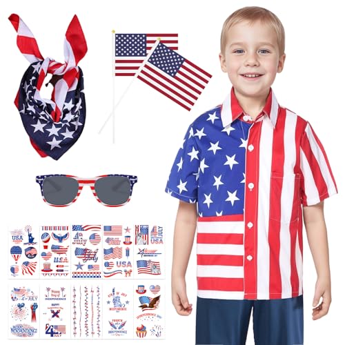 Jungen-Hawaiihemd zum 4. Juli, kurzärmelig, mit Knopfleiste, USA-Flagge, Hawaii-Hemd, Flagge, 11-12 Years von Blisscok