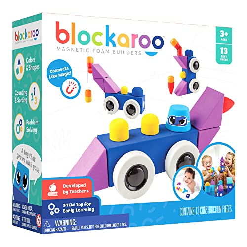 Blockaroo Magnetische Baukloetze als Lernspiel Fuer Kinder, paedagogisches Wasserspielzeug Set Fuer kreative Konstruktionen, optimal Fuer die Bannewanne, Rennwagen Box mit 13 Bausteinen von Blockaroo