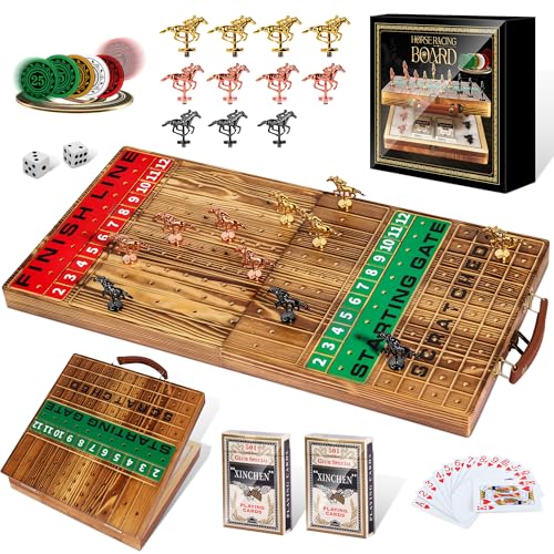 Großes Pferderennen-Spiel, 57,9 cm, faltbares Pferderennen-Brettspiel für Erwachsene, verdicktes Massivholz mit 11 luxuriösen, langlebigen klassischen Metallpferden, 143 Chips, 2 Würfeln, 2 Karten von BlockstarterX ㅤ