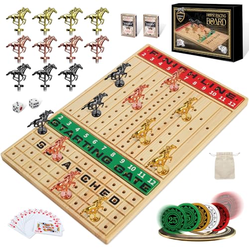 Pferderennen-Spiel mit Karten und Würfeln, Pferderennen-Brettspiel für Erwachsene, verdicktes Massivholz mit 11 luxuriösen, langlebigen klassischen Metallpferden, 143 Chips, 2 Würfeln, 2 Kartons von BlockstarterX ㅤ