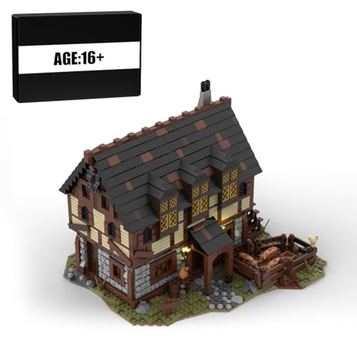 BlocteckToy MOC Klemmbausteine Mittelalterliche Kaufmannshaus und Bauernhof Modul eines großen Dorfes Thema Modell, 3124 Teile Mittelalterliches Dorf Gebäude Set, MOC-114686 von BlocteckToy