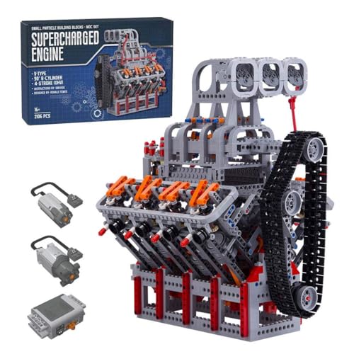 BlocteckToy MOC Klemmbausteine Technik V8 Motor, OHV 5,0L V8 Vierzylinder Ottomotor mit mechanischem Auflader und Hochdrehzahlauslegung- 2106 Teile von BlocteckToy