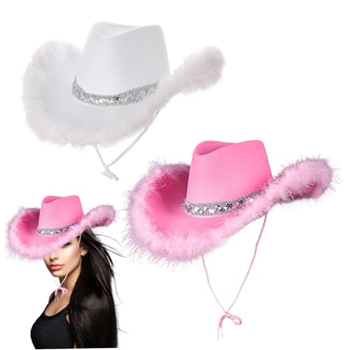 Blogiiup Cowboyhut, 2pcs Cowgirl Hut mit pelziger Kante, breiter Kuhmädchenhut, Cowgirl -Hüte mit Pailletten und Kinngurt, Cowboyhut für Partykostüm -Cosplay von Blogiiup