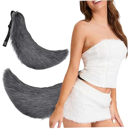 Blogiiup Fox Tail, Therian Tail 27in Halloween Pelry Tail mit Gürtel Design Kunstpelz Wolf Schwanz für Erwachsene Kinder Cosplay Party Kostümzubehör, Wolf Schwanz (grau) von Blogiiup