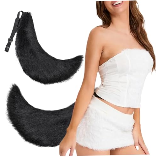 Blogiiup Fox Tail, Therian Tail 27in Halloween Pelry Tail mit Gürtel Design Kunstpelz Wolf Schwanz für Erwachsene Kinder Cosplay Party Kostümzubehör, Wolf Schwanz (schwarz) von Blogiiup