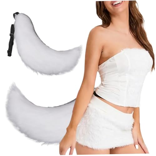 Blogiiup Fox Tail, Therian Tail 27in Halloween Pelry Tail mit Gürtel Design Kunstpelz Wolf Schwanz für Erwachsene Kinder Cosplay Party Kostümzubehör, Wolf Schwanz (weiß) von Blogiiup