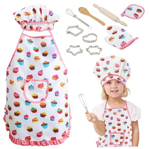 Blogiiup Kids Chef Set (11PCS), tun Sie vor, Kinder -Backsets für Mädchen mit Schürze, Kochhut, Kochen von Blogiiup