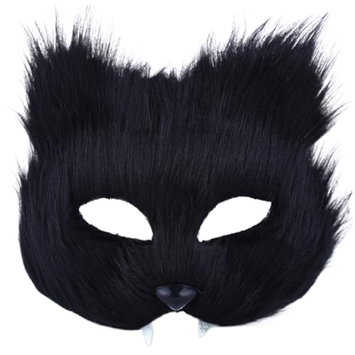 Blogiiup Masquerade -Maske, Katzenmaske Halbgesicht Langes Plüschfuchs Mask Künstliche realistische Therian Maske Schwarze Tiermaske für Maskerade, Halloween, Dress -up, Cosplay, Therian Maske von Blogiiup