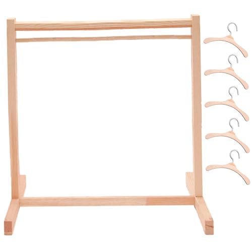 Blogiiup Puppenkleiderbügel, Puppenkleidung Aufbewahrung mit 5 Puppenkleiderbügel, 12 x 12 x 7 realistische Holzpuppenkleidungsständer Mini -Puppenhausmöbel für Puppenzimmer, Babypuppenschrank von Blogiiup