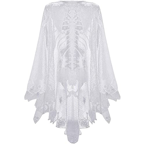 Blogiiup Skelettspitzenponcho, 1pc Halloween Skelett Poncho, Spitzenponcho für Frauenschädelknochen Halloween Poncho Halloween Kostümkap für Halloween -Skelettkostüm (Weiß, L), Halloween Cape von Blogiiup