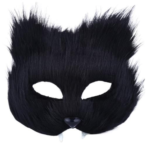 Blogiiup Therian Maske, Katzenmaske Halbgesicht Langes Plüschfuchs Mask Künstliche realistische Therian Maske Schwarze Tiermaske für Maskerade, Halloween, Dress Up, Cosplay, Halloween -Maske von Blogiiup