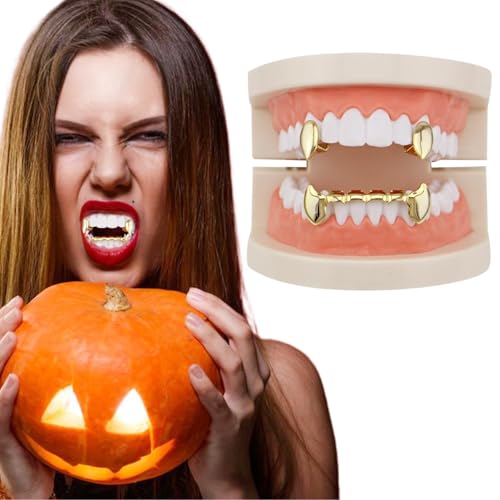 Blogiiup Vampirzähne 1Set Golden Glossy Plated Hip Hop Fangs für Cosplay -obere Bodenzähne für Männer und Frauen Vampirzubehör für Halloween -Kostüm -Cosplay, einziehbare Vampirzähte von Blogiiup