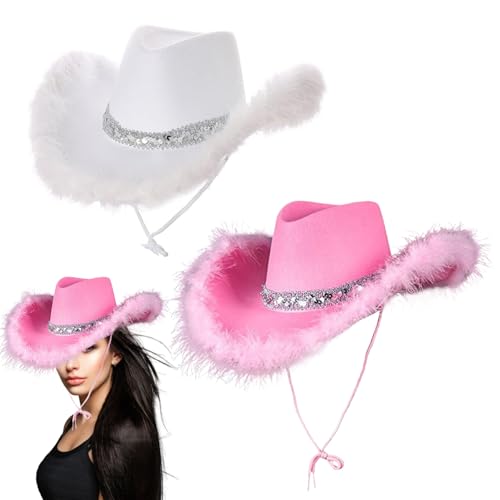 Cowgirl -Hüte, Cowgirl -Hut mit pelziger Kante 2pcs Wide Bim Cow Girl Hut Einzelfarbe Cowgirl -Hüte mit Pailletten und Kinngurt Cowboyhut für Partykostüm -Cosplay, weißer Cowgirl Hut von Blogiiup