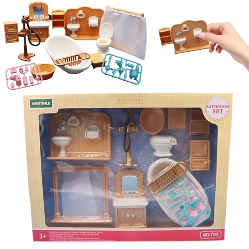 Dollhouse Möbel, 1 Set Dollhouse Badezimmer Realistische Miniaturpuppenhausmöbel mit Mini -Toiletten -Waschbecken Spiegelbadewanne und mehr, tun Sie das Spiel Cartoon -Puppenhauszubehör, Mini Badewan von Blogiiup