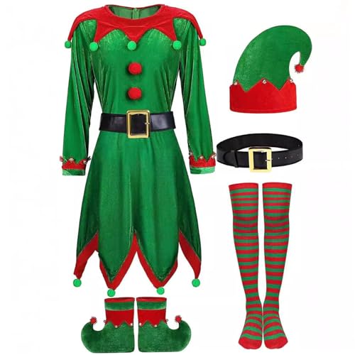 Elf Kostüm für Kinder 1 Set niedliche klassische Kinder Elf Kostüm Beinhaltet Hut, einstellbarer Gürtel, Kleidung, Strümpfe und Schuhe Kaschmir -Elf -Kostüm mit Bell -Charme für Weihnachten, Elf -Kos von Blogiiup