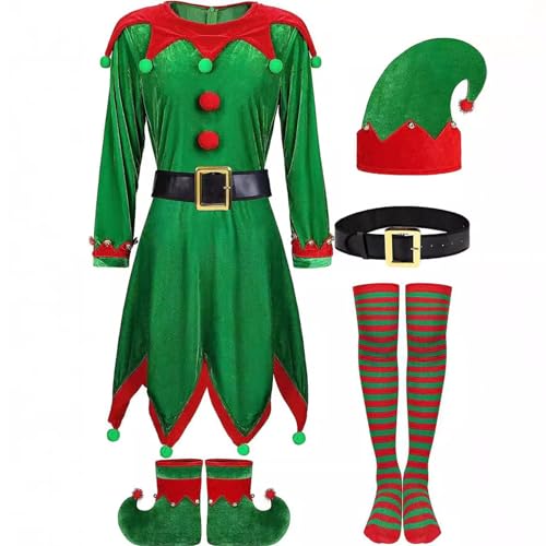 Elf Kostüm für Kinder 1 Set niedliche klassische Kinder Elf Kostüm beinhaltet Hut, einstellbarer Gürtel, Kleidung, Strümpfe und Schuhe Kaschmir -Elf -Kostüm mit Bell -Charme für Weihnachten, Elf -Kos von Blogiiup