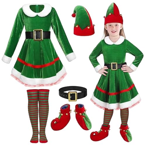 Elf -Kostüm für Kinder 1 Set niedliche klassische Mädchen Elf Kostüm Beinhaltet Hut, verstellbares Gürtel, Kleid, Socken & Schuhe Samt Elf Kostüm mit Bell -Charme für Weihnachten, Elf Kostüm, L. von Blogiiup