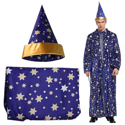 Erwachsene Zaubererkostüm, Langarmes Blue Wizard Robe und Hut, Polyester Star Muster Wizard Cloak, Wizard Robe für Halloween -Party, Cosplay (XL) von Blogiiup