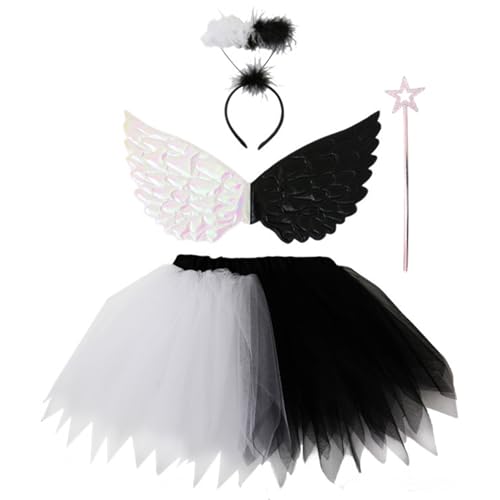 Halloween -Kostüme für Mädchen, Engel Kostüm für Mädchen Schwarz -Weiß -Engel Kostüm umfasst Rock, Zauberstab, Wing & Stirnband Weihnachten Halloween Kostüme für Party, Cosplay, Kostüme für Mädchen von Blogiiup