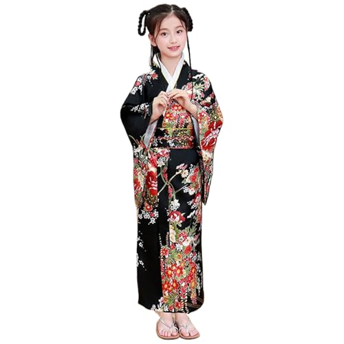 Japanische Kimono, Kinder Kimono für Mädchen Blumendruck Seiden Geisha Kostüm mit hinterer Bow elegant sanfte yukata japanische Kimono für Cosplay, Dress Up, Cosplay Kimono, Größe 140 von Blogiiup