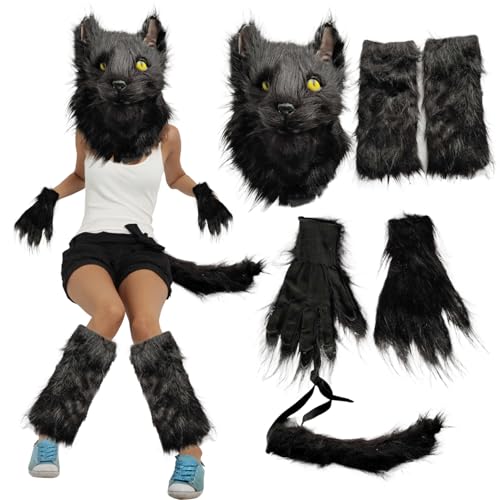 Katzenmaske, schwarzes Katzenkostüm für erwachsene Frauen mit pelziger Katzenmaske, Katzenpfotenhandschuhe, Katzenschwanz- und Beinwärmer Fuchs Wolf Pelzige Kostüm für Cosplay -Party -Requisiten, The von Blogiiup