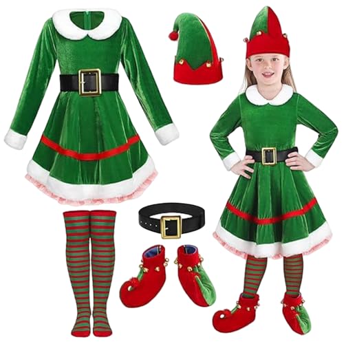 Mädchen Elf Kostüm, Elf Kostüm für Kinder 1 Set niedliche klassische Mädchen Elf Kostüm beinhaltet Hut, einstellbarer Gürtel, Kleid, Socken & Schuhe Samt Elf Kostüm mit Bell Charme für Weihnachten, x von Blogiiup