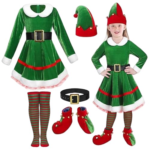 Mädchen Elf Kostüm, Elf Kostüm für Kinder 1 Set süße klassische Mädchen Elf Kostüm beinhaltet Hut, einstellbarer Gürtel, Kleid, Socken & Schuhe Samt Elf Kostüm mit Bell Charm für Weihnachten, L. von Blogiiup